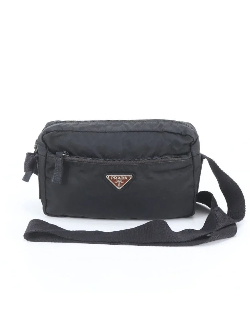 Prada Tessuto Nylon Triangle Logo Leather Shoulder Bag Crossbody Black